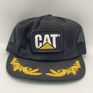 Vintage CAT Caterpillar Gold Leaf Patch Snapback Hat Tonkin Trucker Mesh Cap 80s
